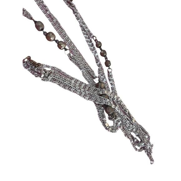 Vintage 55" Three Strand Beaded Necklace Silver Tone Chain Champagne Beads - Picture 7 of 13